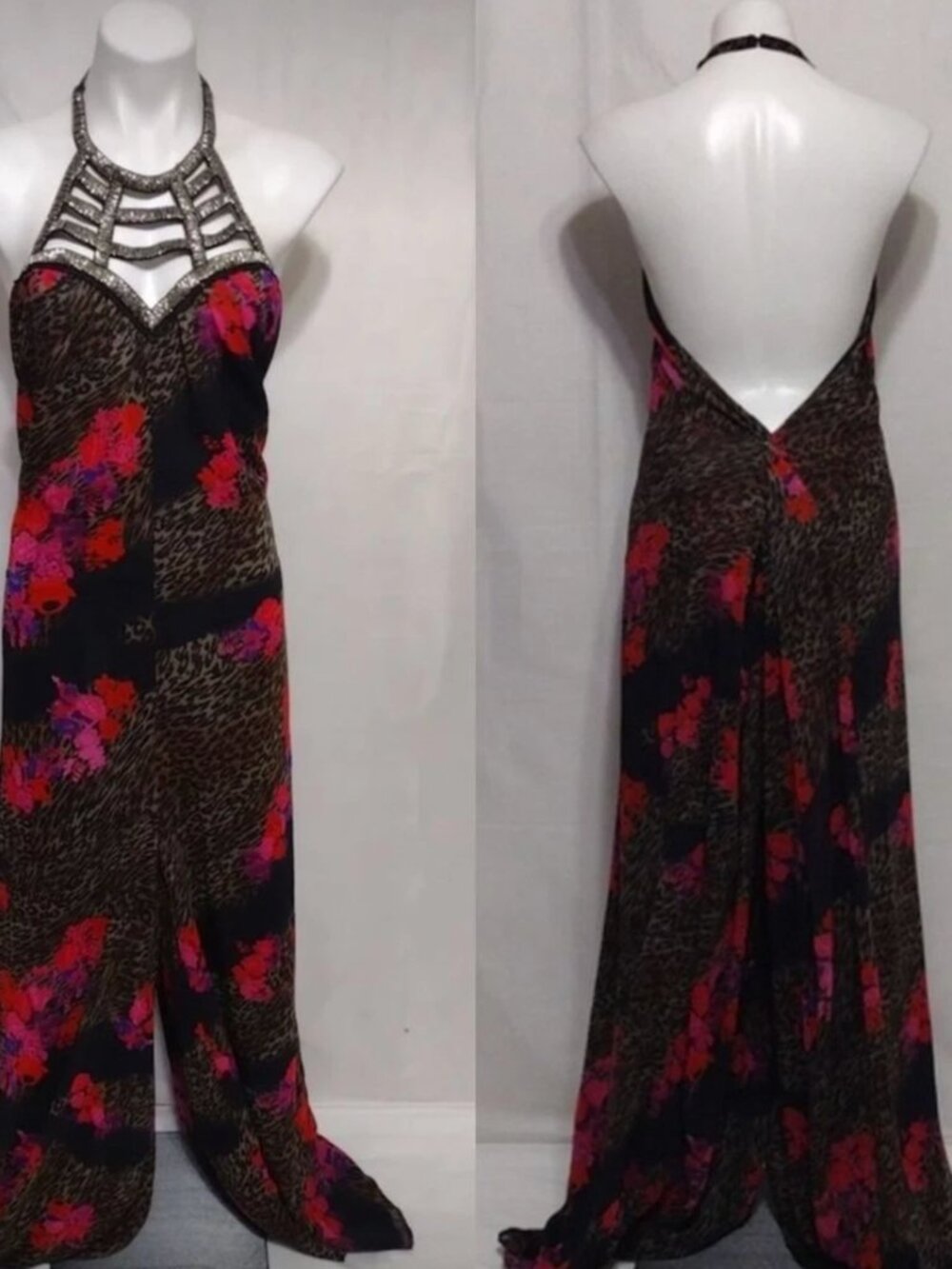 Venus Backless Halter Jumpsuit Floral Leopard Print Beaded Neck Size M